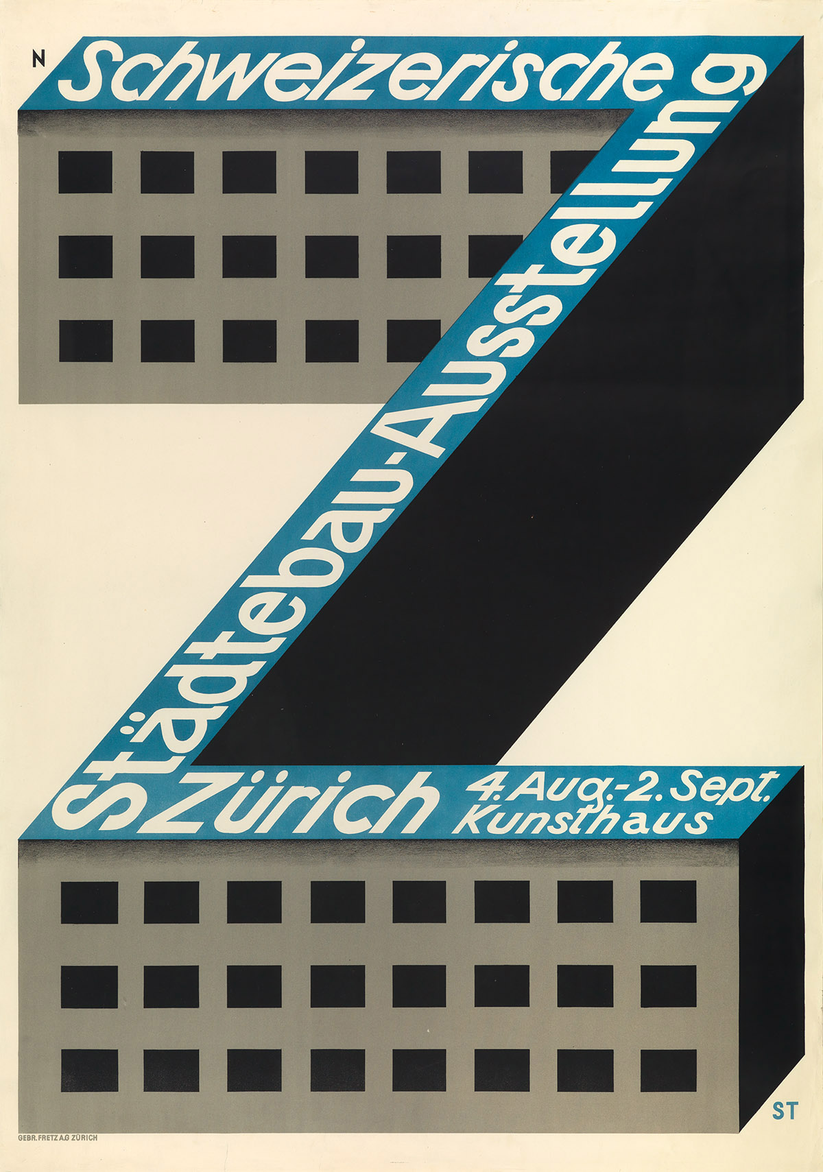 NIKLAUS STOECKLIN (1896-1982).  SCHWEIZERISCHE STÄDTEBAU - AÜSSTELLUNG ZÜRICH. 1928. 50½x35½ inches, 128¼x90¼ cm. Gebr. Fretz, Zurich.